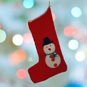 Vtg Handmake Knit Crochet CHRISTMAS STOCKING Snowman Red large 20" x 13"